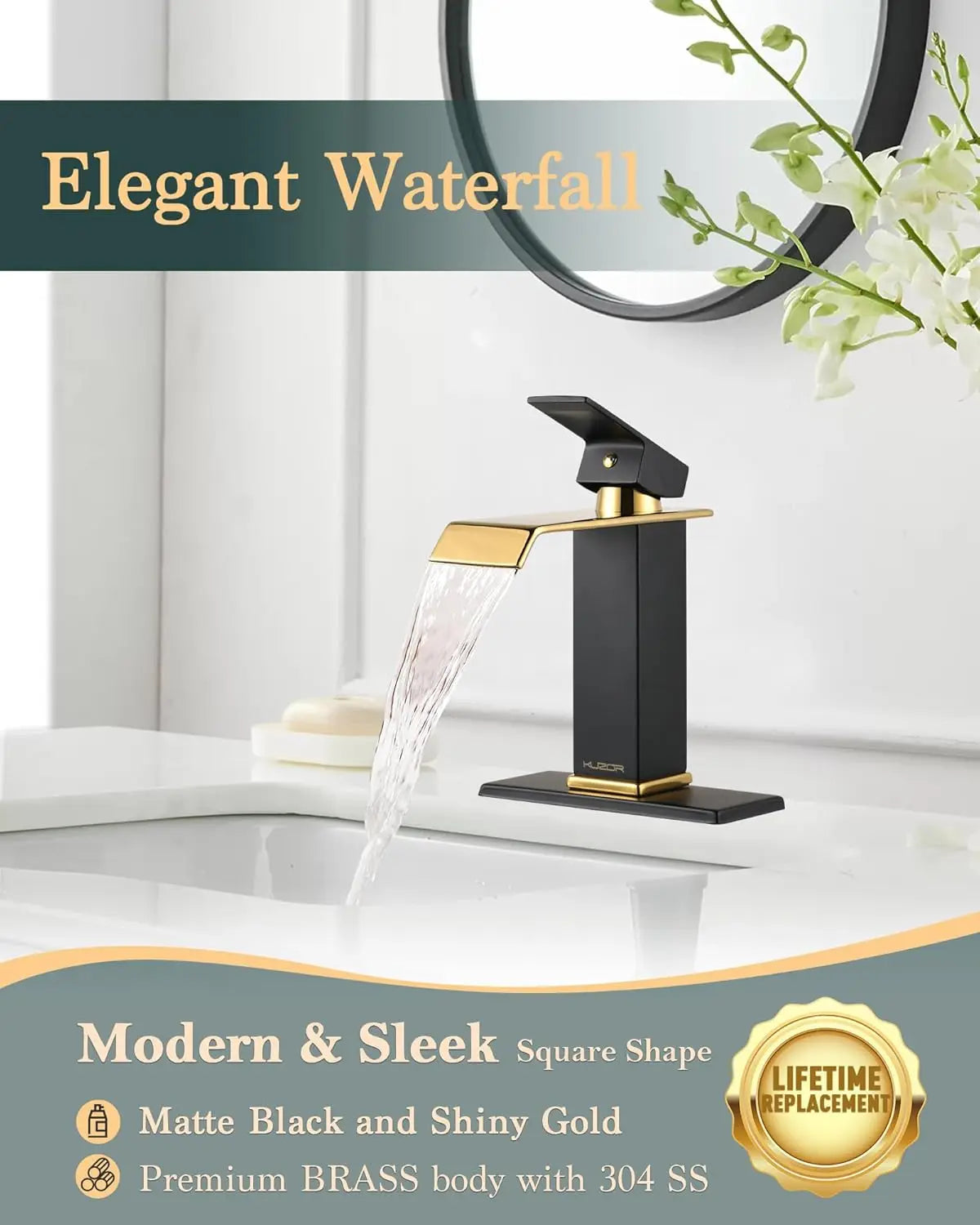 Wter Stainless Steel Bathroom Faucets 5-Minute Installation, Waterfall Single Hole