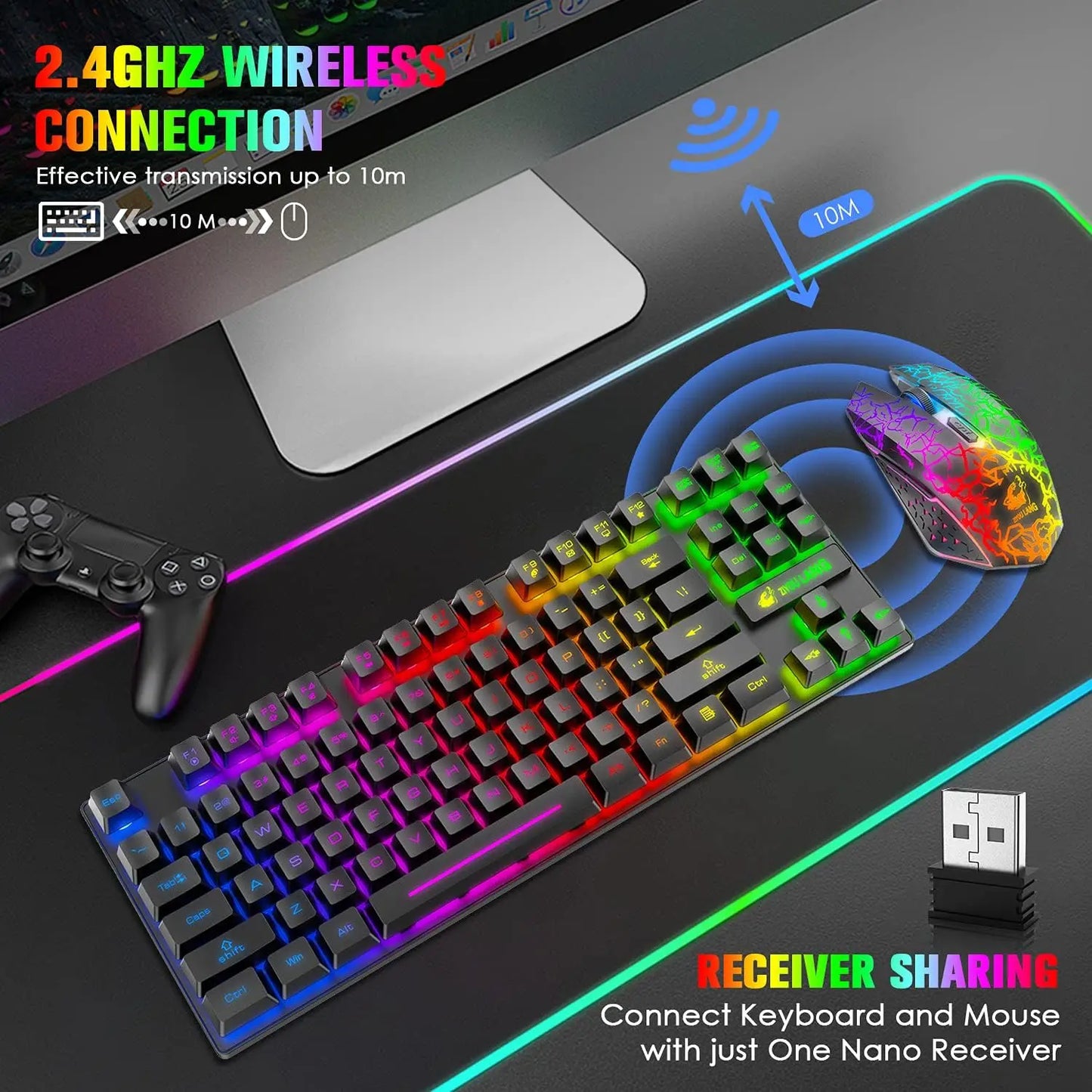 Wireless Gaming Keyboard and Mouse Comb
,Rainbow Backlit Rechargeable 3800mAh Battery,
87 Keys Mechanical Feel Keyboard