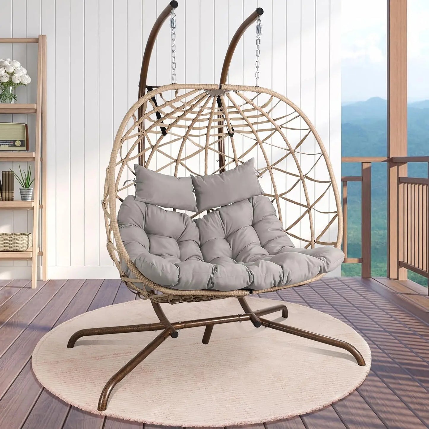 Outdoor Egg Swing Chair with Stand, 2 Person Patio Swing Chairs with Thick Cushions and Pillows