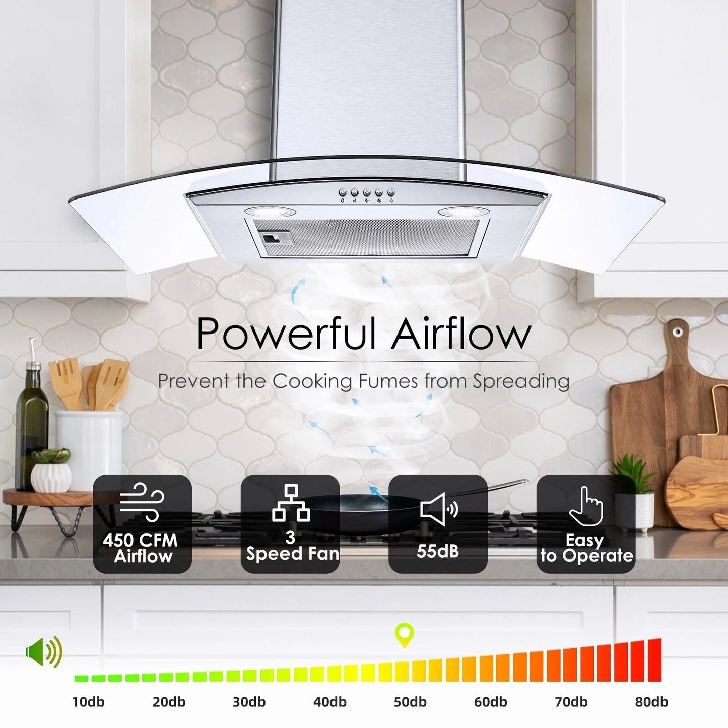 30 inch Kitchen Wall Mount Tempered Glass Vented 3-Speed Fan Range Hood