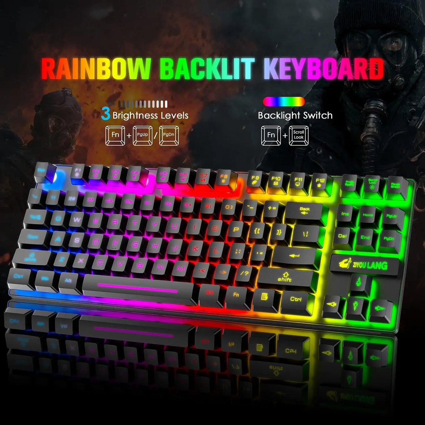 Wireless Gaming Keyboard and Mouse Comb
,Rainbow Backlit Rechargeable 3800mAh Battery,
87 Keys Mechanical Feel Keyboard