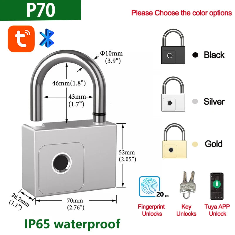 Smart Padlock Fingerprint Waterproof USB Charging Quick Identification Unlock Sensor High Quality P70/P55/PQ1