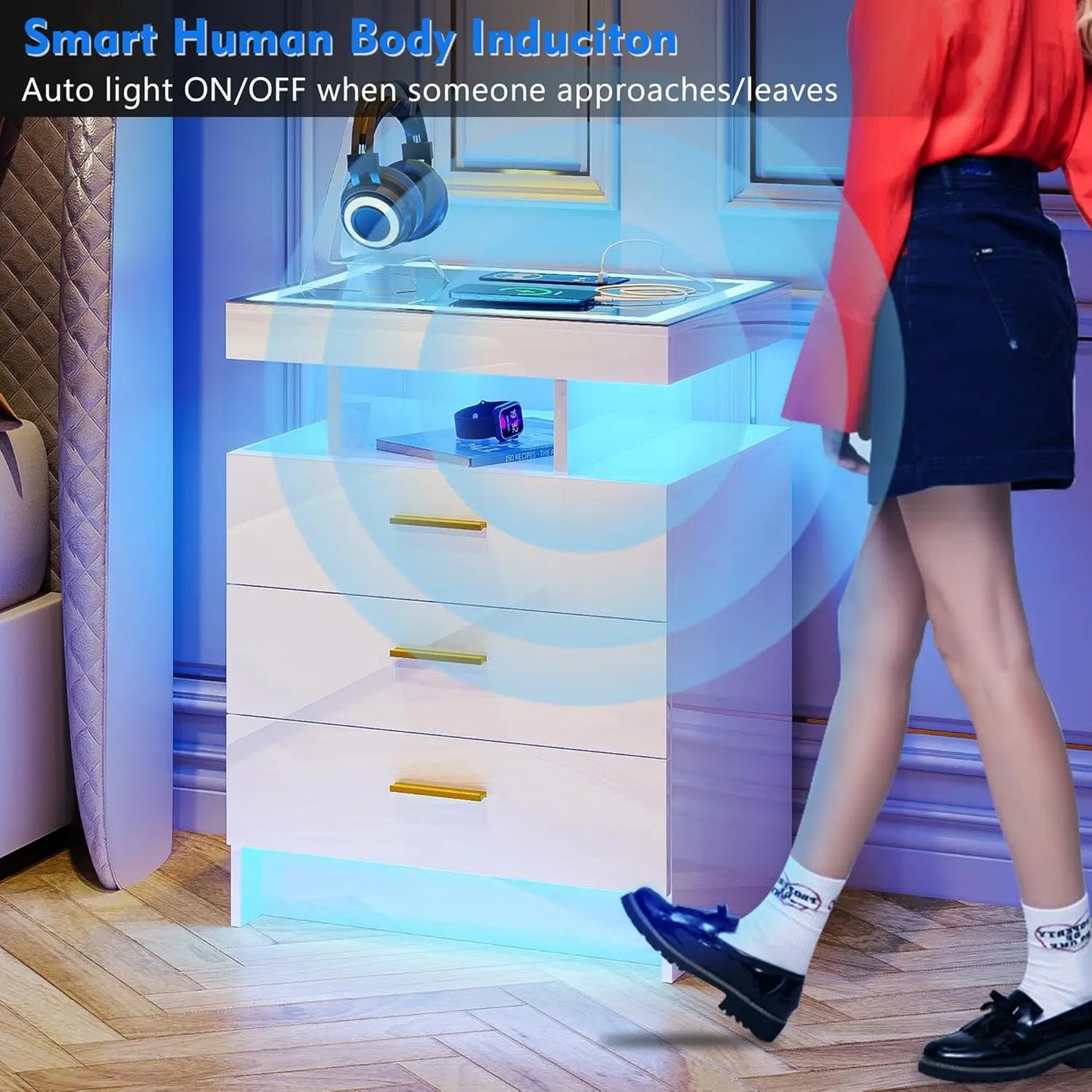 Nightstand with Wireless Charging Station, Auto Sensor
3 Color Dimmable Night Stand, Modern Bedside Table with 3 Drawers & 3 Ope