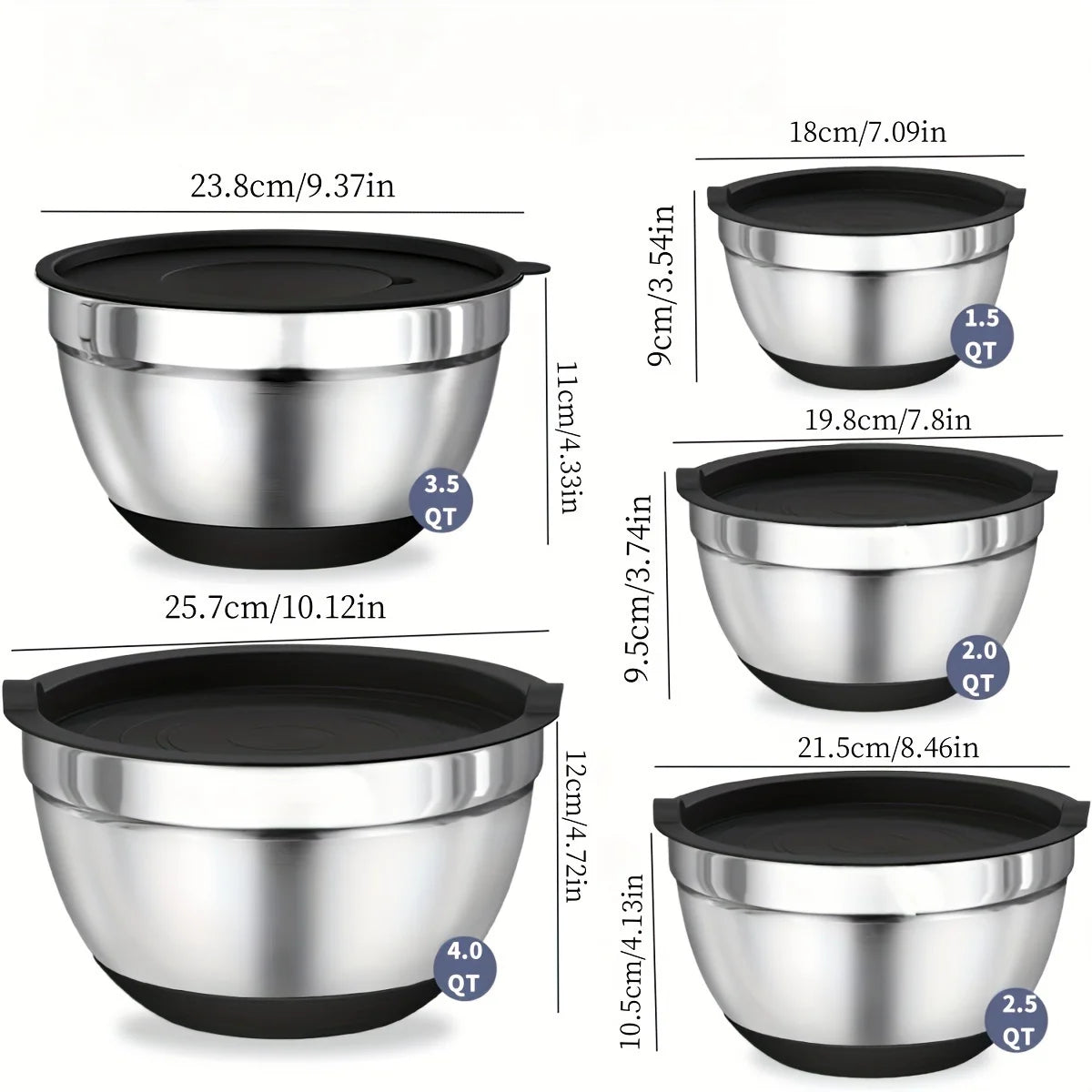 8pcs Mixing Bowls with Airtight Lids Stainless Steel Mixing Bowl Set,
Attachments Bottoms, Black Kitchen Bowls, Baking Serving