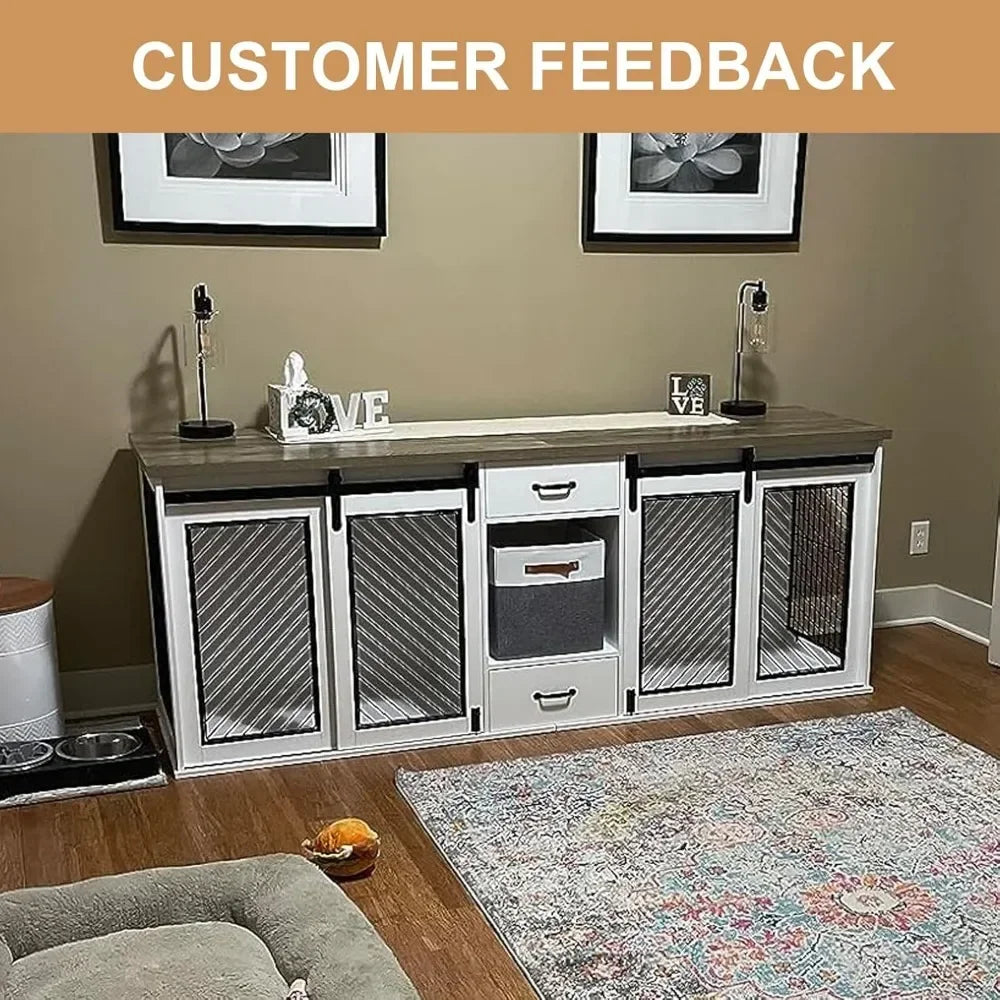Large Dog Crate Furniture, 85" Sliding Door Double Kennel,
Wooden Dogs Crate Kennel Furniture with 4 Dog Bowls and Drawer Indoor