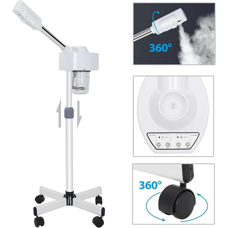 Standing Ozone Facial Steamer on Wheels w Hot Mist for Facial Treatment Personal Care for Spa Salon Home Use