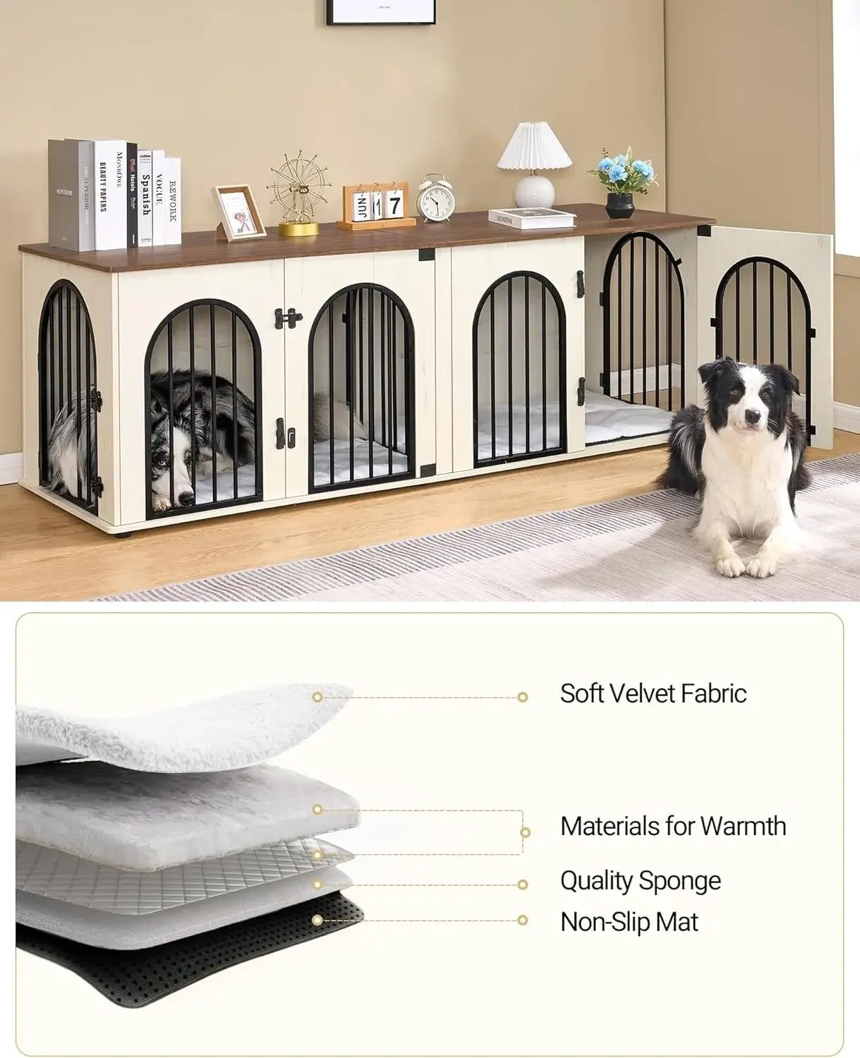 Dog Crate Furniture, 71" Heavy Duty Dog Kennels
with Divider, Pads, Side Table, TV Cabinet,Anti-Chew Anti-Escape, White Brown