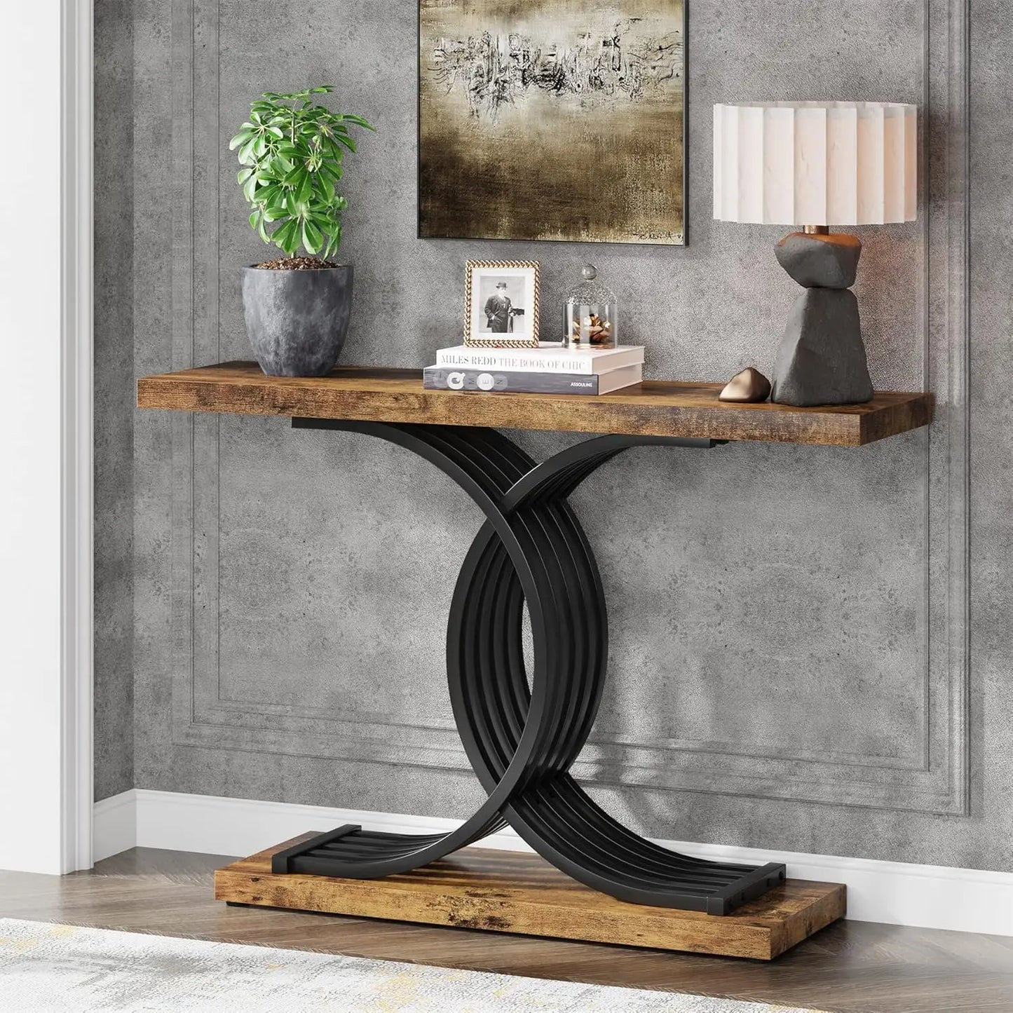 Industrial Entryway Table, 39-Inch Vintage Console Table
Accent Table with Geometric Metal Legs, Wood Sofa Table, Living Room