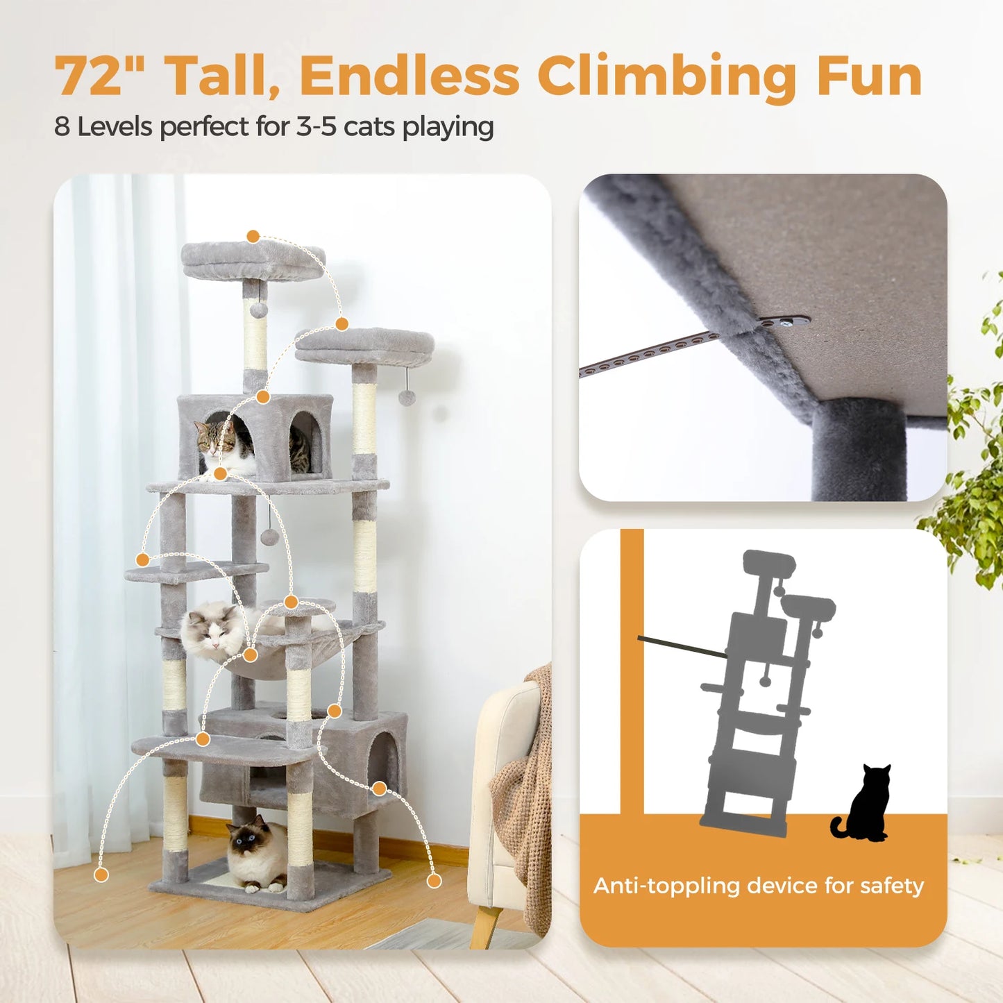 184cm Large Cat Tree and Tower for Indoor Cats With Sisal-Covered
Scratching Posts Spacious Hammock Padded Perches and Condos