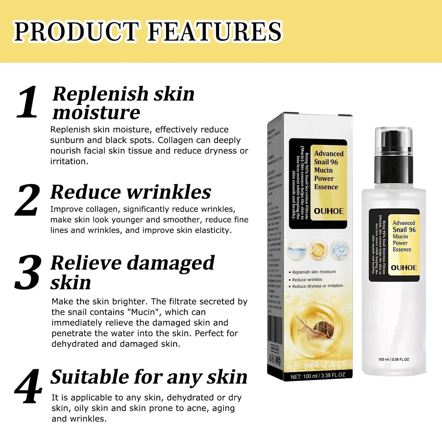 Smoothing Wrinkle Snail Mucin Essence Face Cream Repairing '
Lift Firm Fade Fine Lines Brightening Skin Care Advanced Moisturizing