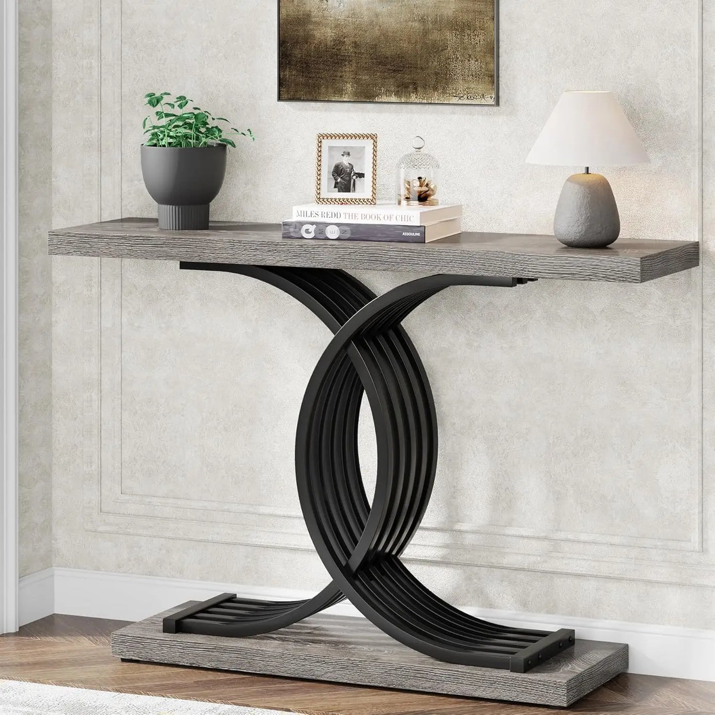 Industrial Entryway Table, 39-Inch Vintage Console Table
Accent Table with Geometric Metal Legs, Wood Sofa Table, Living Room