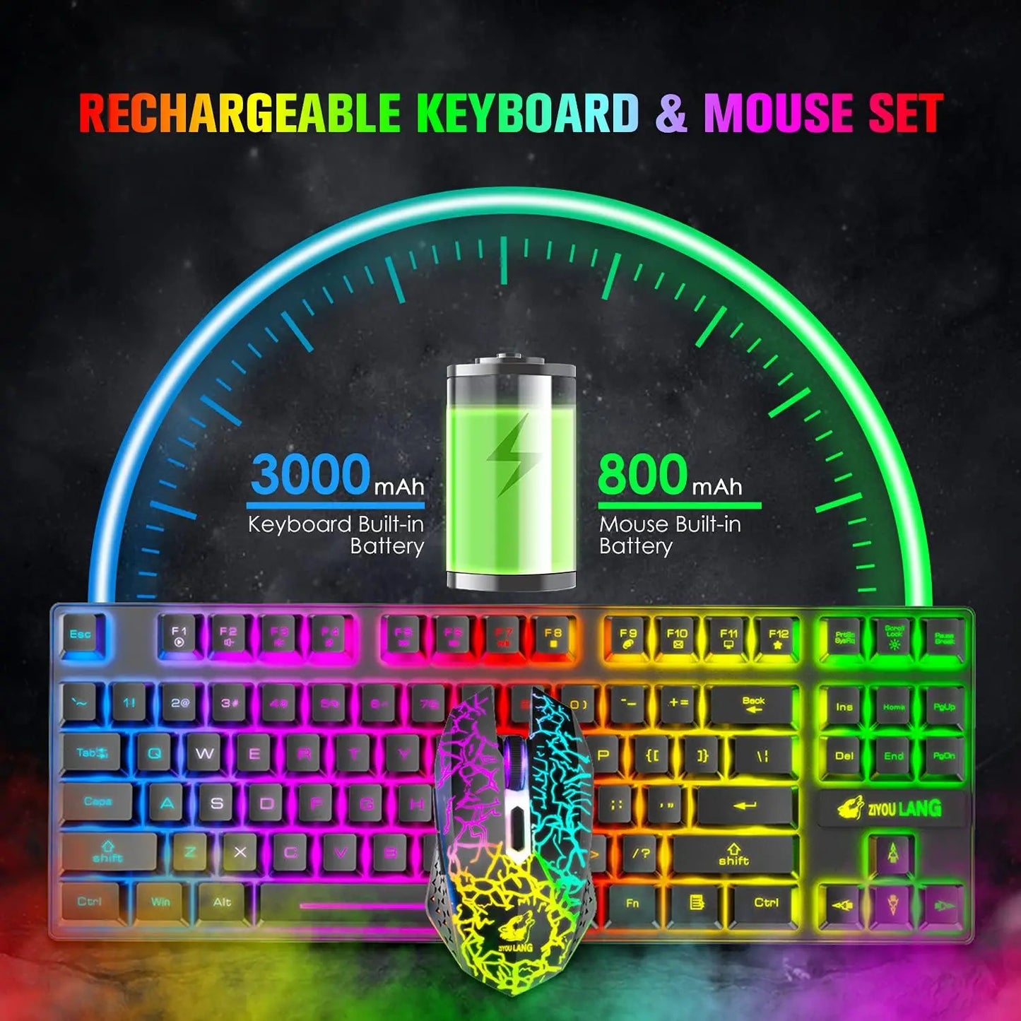 Wireless Gaming Keyboard and Mouse Comb
,Rainbow Backlit Rechargeable 3800mAh Battery,
87 Keys Mechanical Feel Keyboard