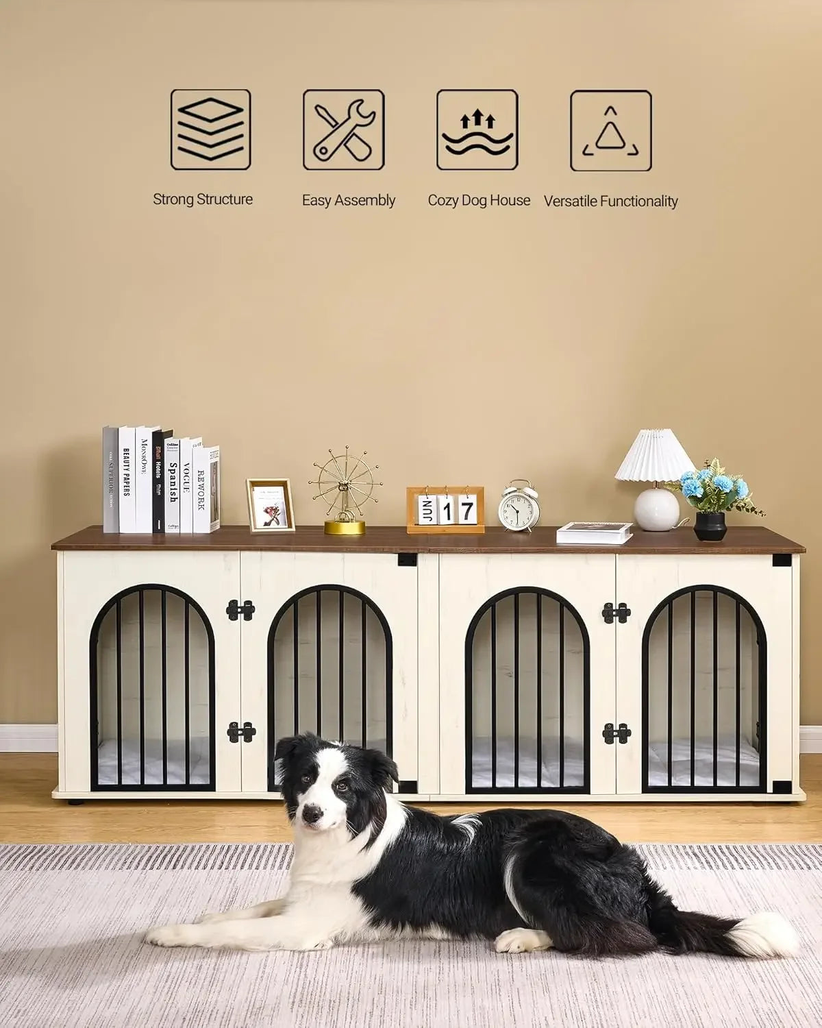 Dog Crate Furniture, 71" Heavy Duty Dog Kennels
with Divider, Pads, Side Table, TV Cabinet,Anti-Chew Anti-Escape, White Brown