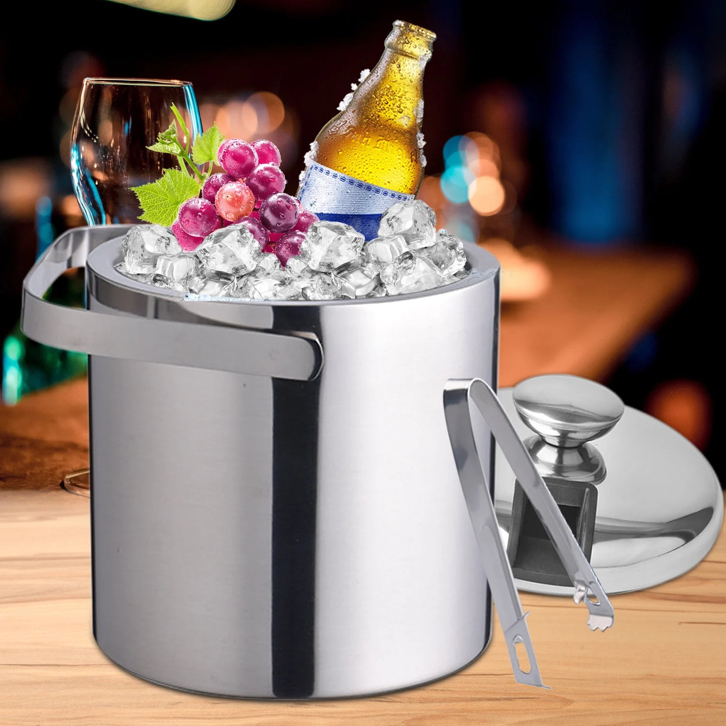 1.3L Ice Bucket Kit Stainless Steel Insulated Double-layer with Tongs