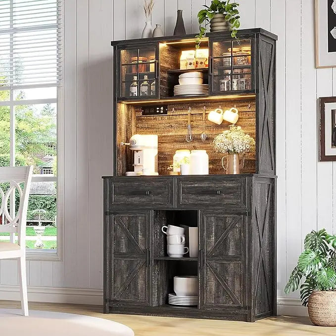 Bar Cabinet with LED Lights & Power Outlets,
Kitchen Buffet with Hutch & 2 Large Drawers
, Barn Door Design, 8 Storage Shelves