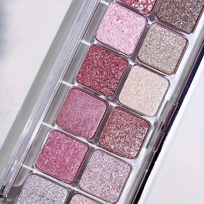 12-color eyeshadow palette - pink, white, red glitter and shimmer effects
Highly pigmented, long-lasting
