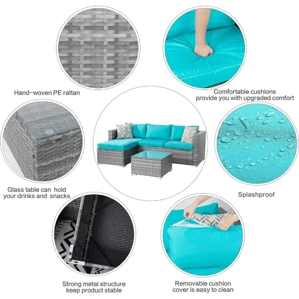 Outdoor Sofa Set of Rattan Wicker Sectional Patio Furniture Small Patio Sofa with Wicker Table