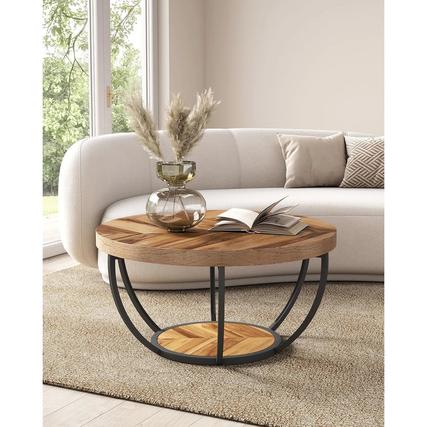 32" Circle Marble Coffee Table, 2-Tier Metal Legs Accent Center Table with Open Storage