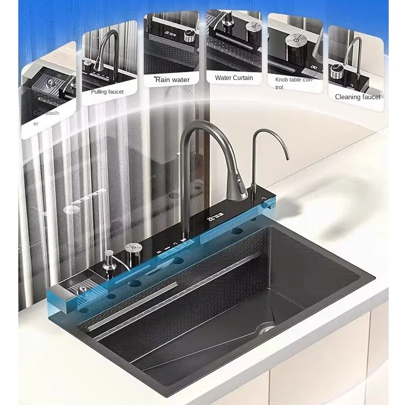 Stainless Steel Waterfall Kitchen Sink
Large Single Slot Integrated Digital Display Faucet Set Soap Dispenser Cup Washer