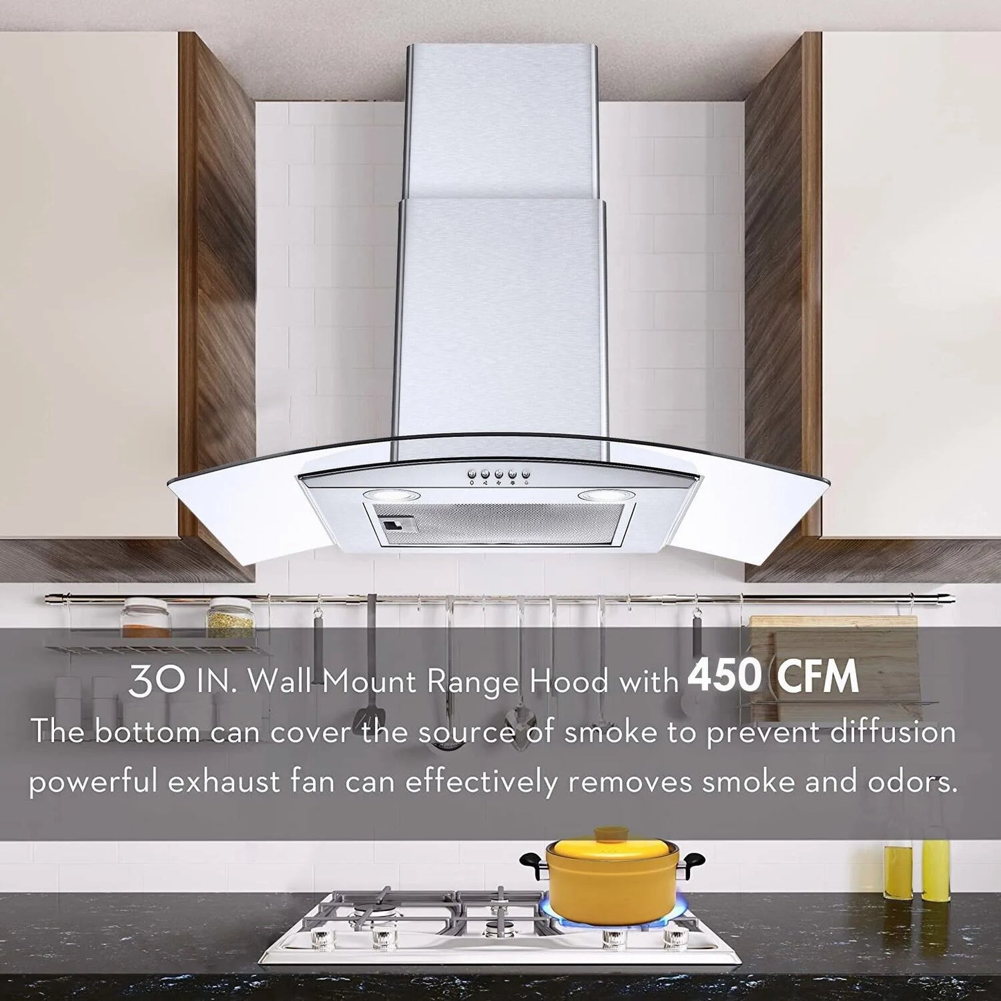 30 inch Kitchen Wall Mount Tempered Glass Vented 3-Speed Fan Range Hood