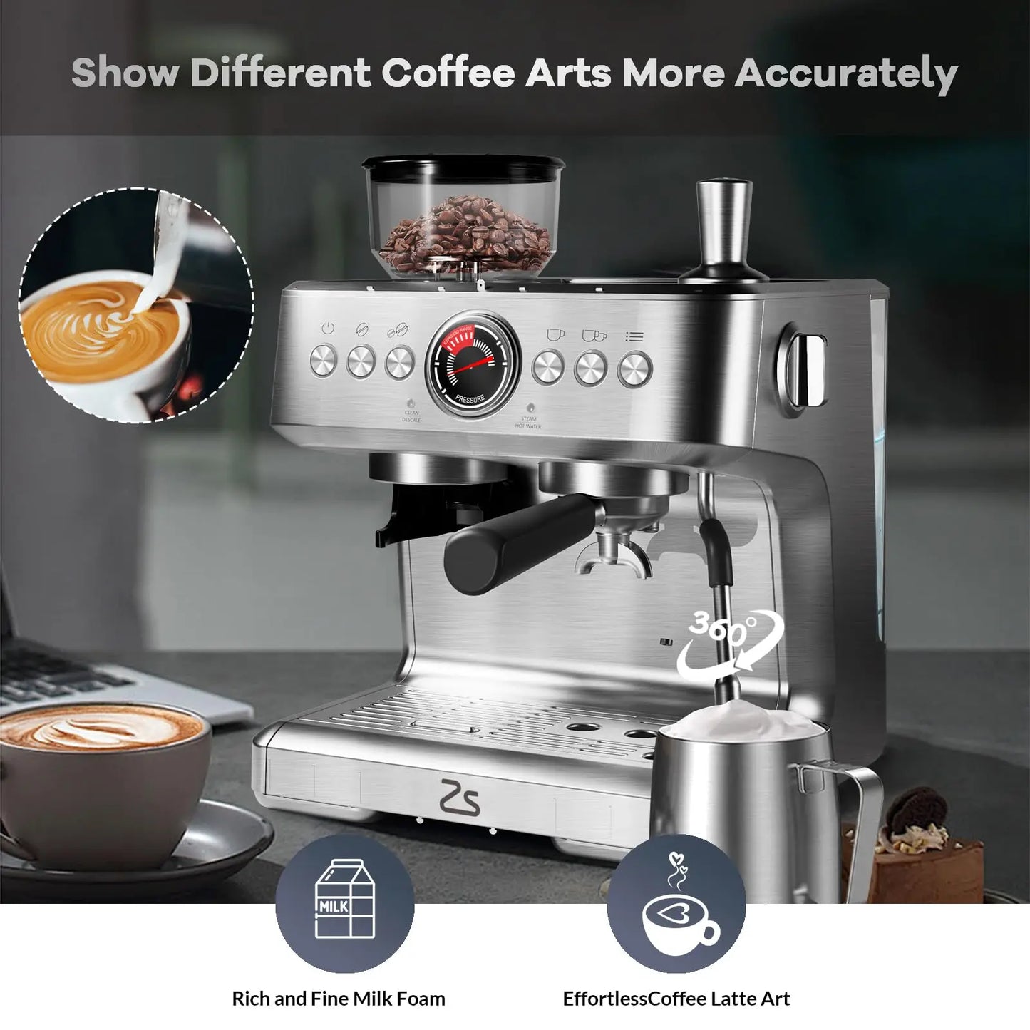 Espresso Coffee Maker With Grinder
20 Bar Stainless Steel Professional Espresso Coffee Maker With Milk Frother, 2.8L Water Tank