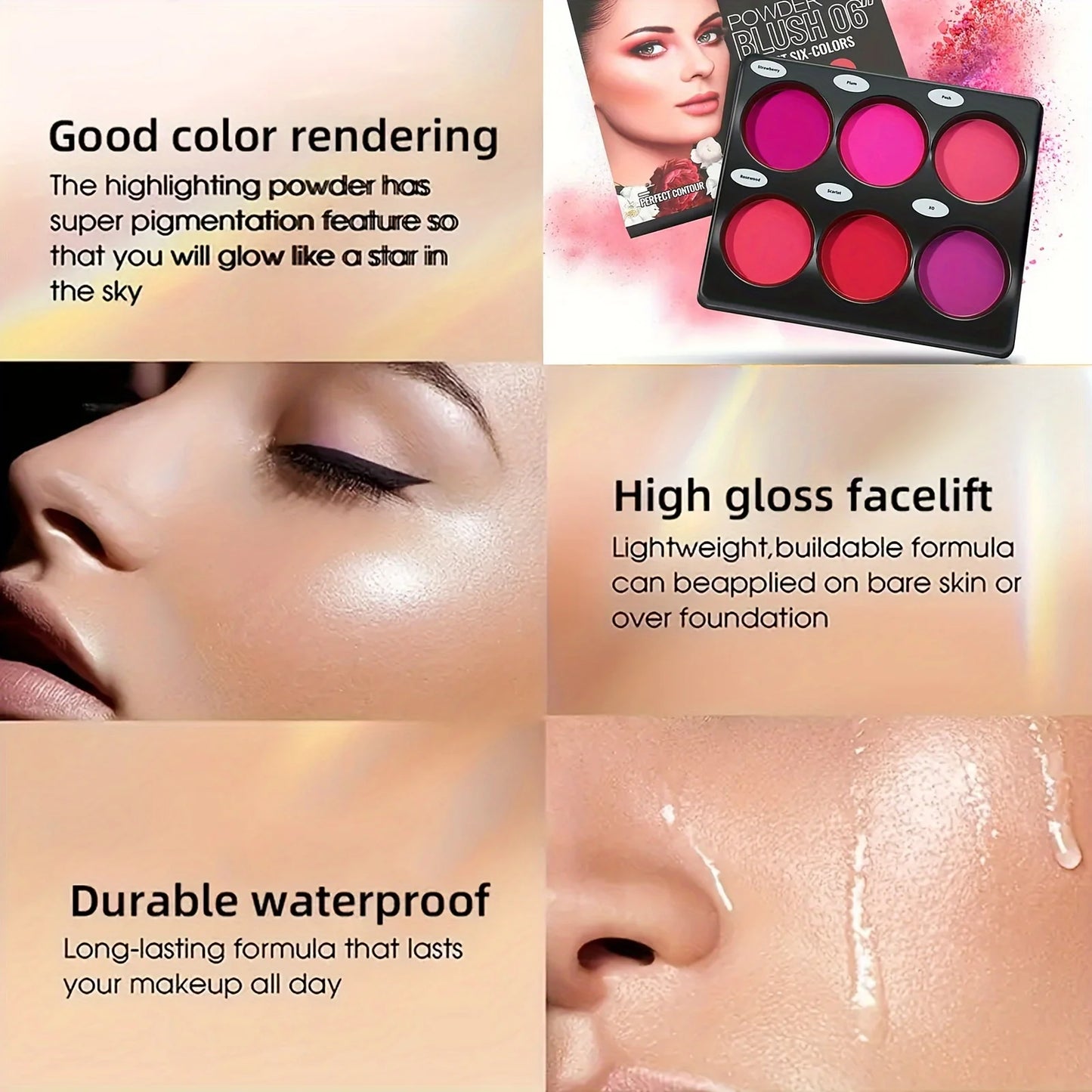 6-color blush palette, natural-toned eye shadow palette, and matte blush palette.
Light and breathable, suitable for cheek and e