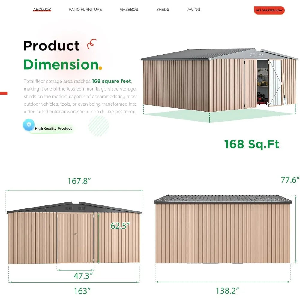 14 'x 12' Shed Outdoor Metal Storage, Large Steel Courtyard Shed,
Garden, Backyard, Terrace, Outdoor Tool Storage, Gray