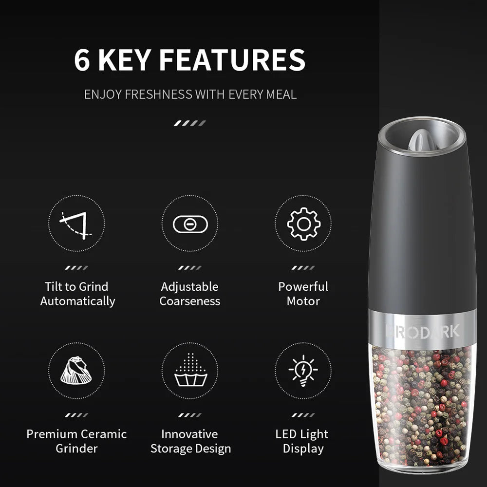 1/2pcs Gravity Electric Salt And Pepper Grinder Set,
Battery Powered LED Light One HandAutomatic Operation