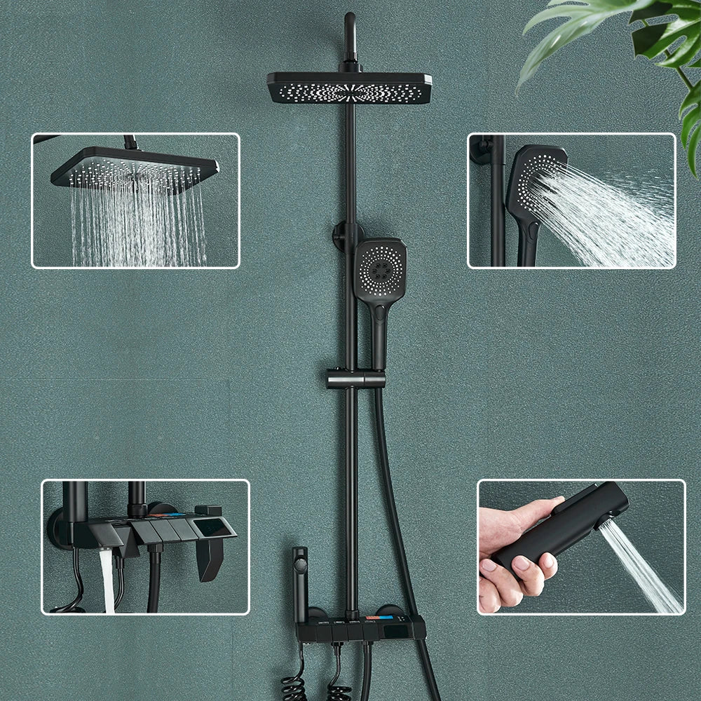 Black Smart Digital Display Shower Faucet Set Piano Style
Rainfall Bathroom System Grey Digital Mixer Tap Bidet Shower