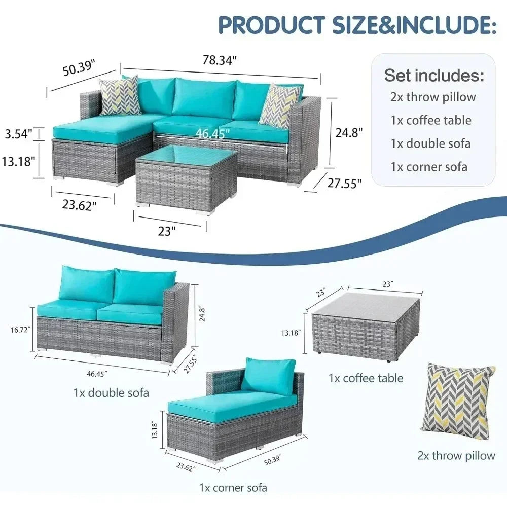 Outdoor Sofa Set of Rattan Wicker Sectional Patio Furniture Small Patio Sofa with Wicker Table