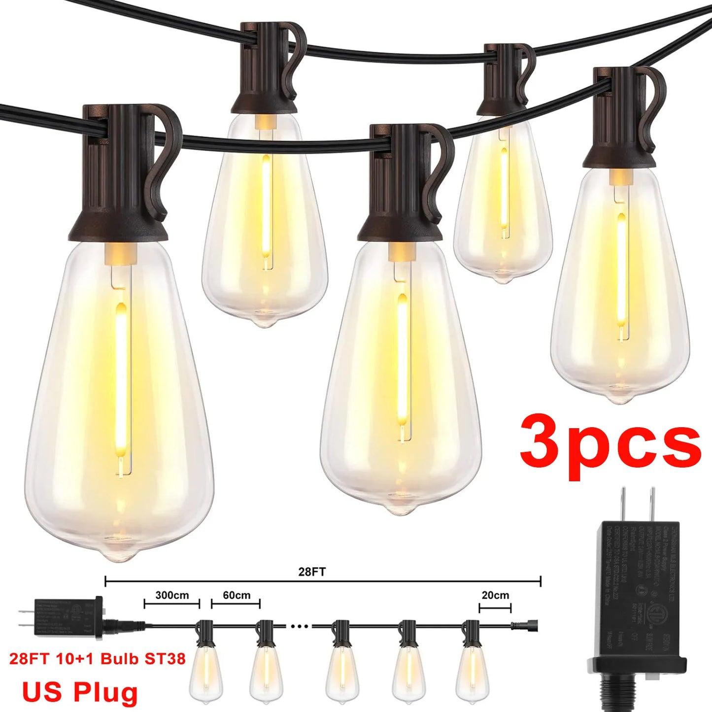 28FT US Plug ST38 String Light Outdoor, 1/2/3/4pcs 10+1 LED