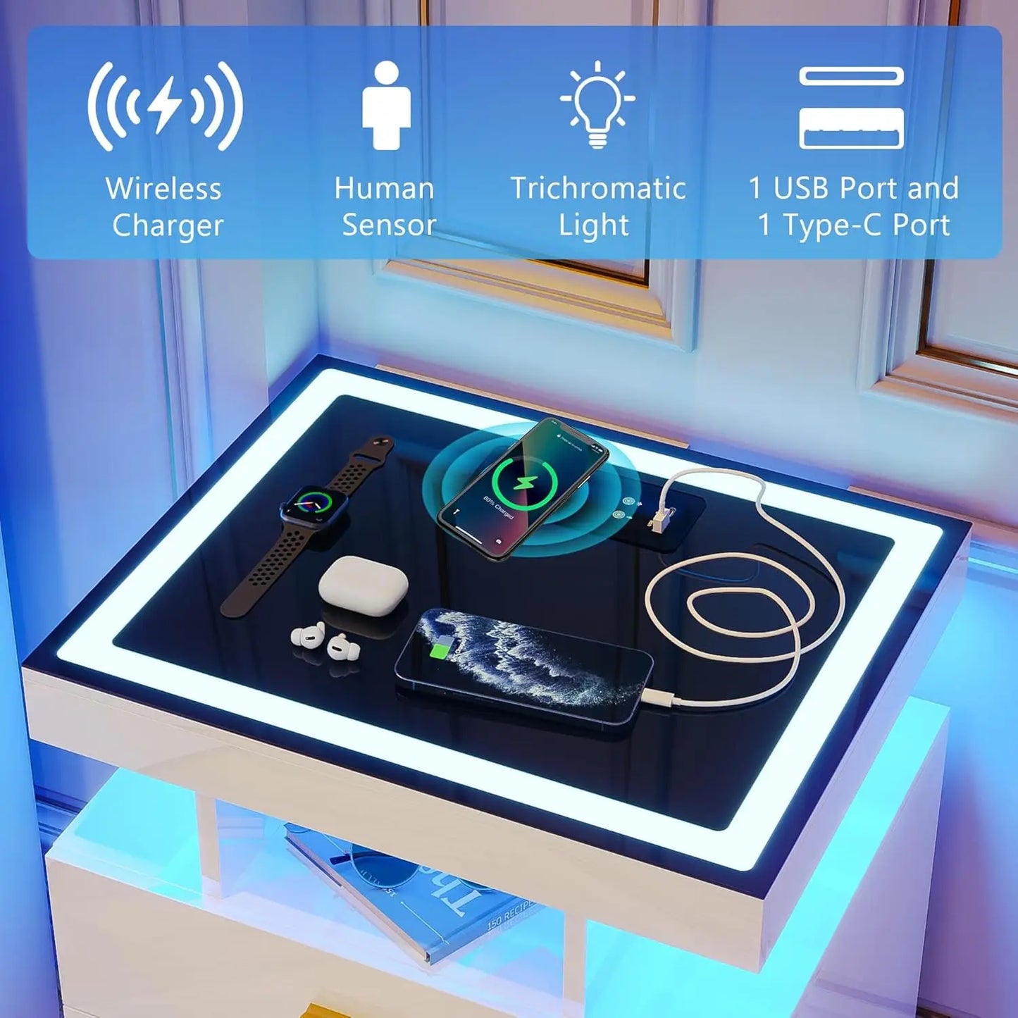Nightstand with Wireless Charging Station, Auto Sensor
3 Color Dimmable Night Stand, Modern Bedside Table with 3 Drawers & 3 Ope