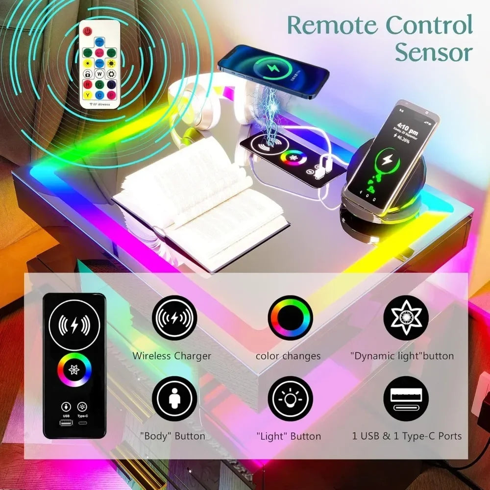 Nightstand with Wireless Charging Station,
LED Lights with 2 Drawers, Glossy Bedside Table Glass Top
