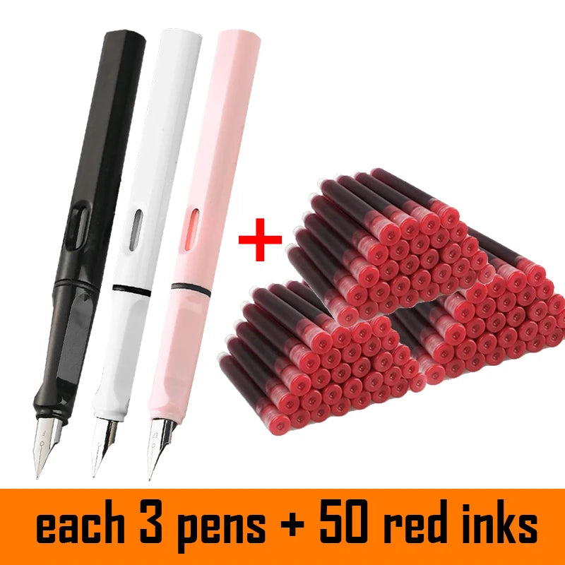 53Pcs Fountain Pen Replaceable Ink Set Black/Blue/Red ink 0.3 Writing Supplies