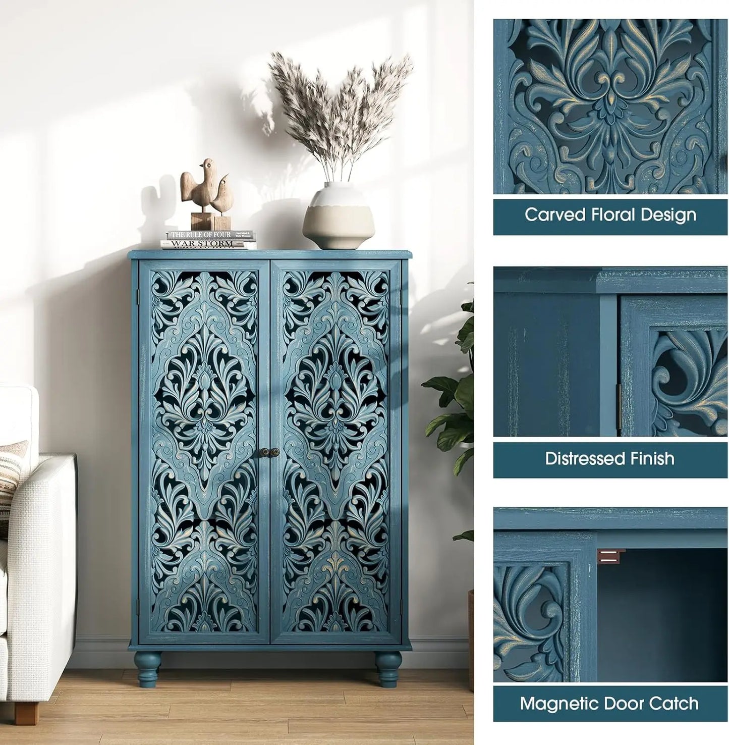 Accent Cabinet with 2 Doors,47" Tall Narrow Cabinet with Solid Wood Legs
,Decorative Cabinet with Shelves for Living Room