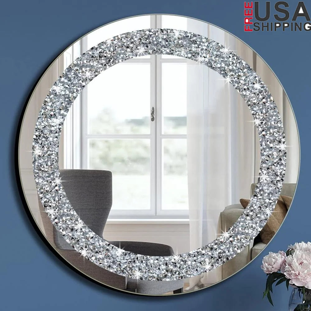Crystal Crush Diamond Sparkly Oval Silver Wall Mirror 24x16x1 inch Frameless Bling Chic Home Decor
