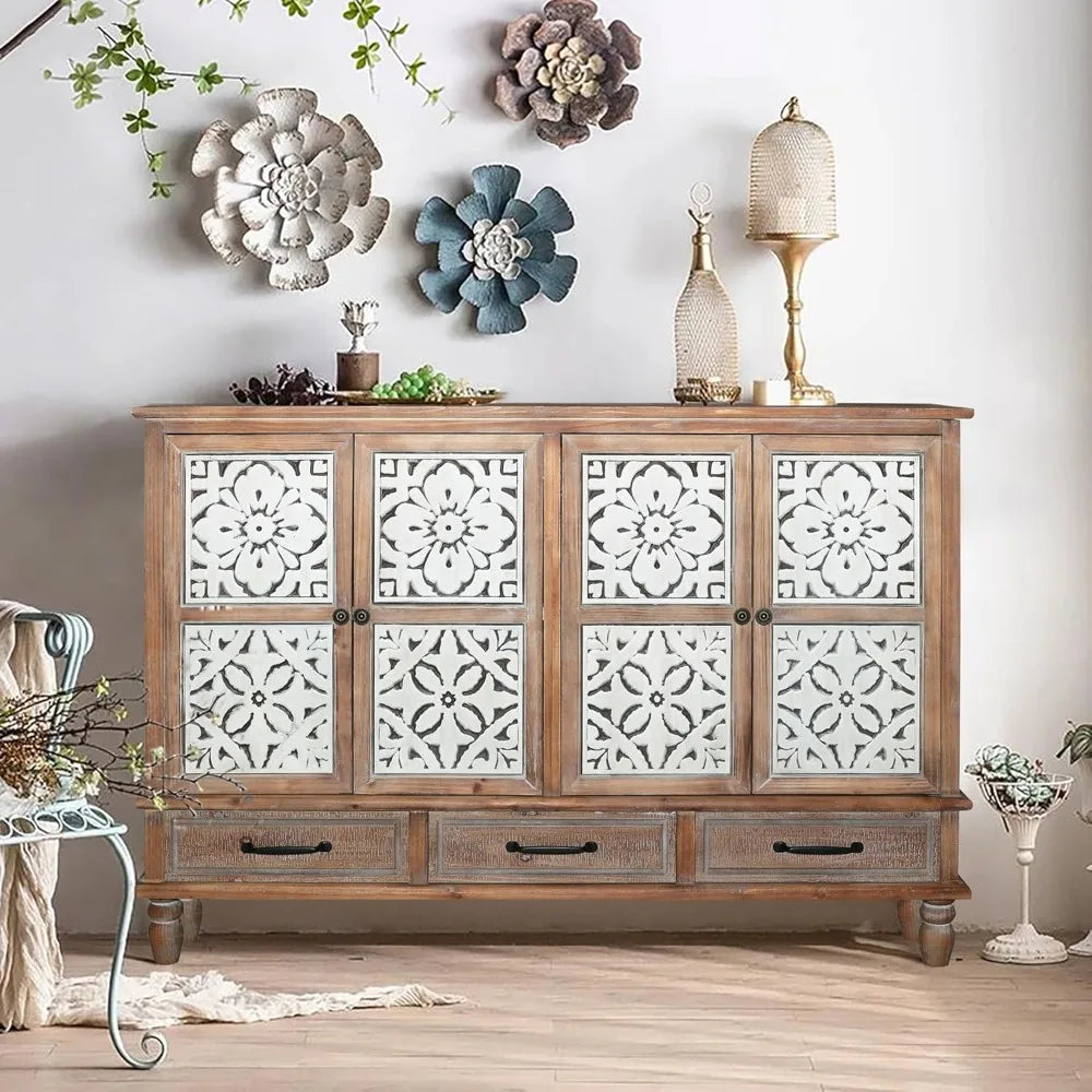 Accent Cabinet with 4 Doors & 3 Drawers,
Hollow Carved Storage Sideboard, Wood Buffet Cabinet for Living Room, Dining Room