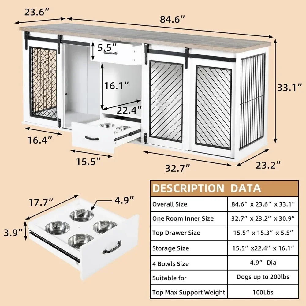 Large Dog Crate Furniture, 85" Sliding Door Double Kennel,
Wooden Dogs Crate Kennel Furniture with 4 Dog Bowls and Drawer Indoor