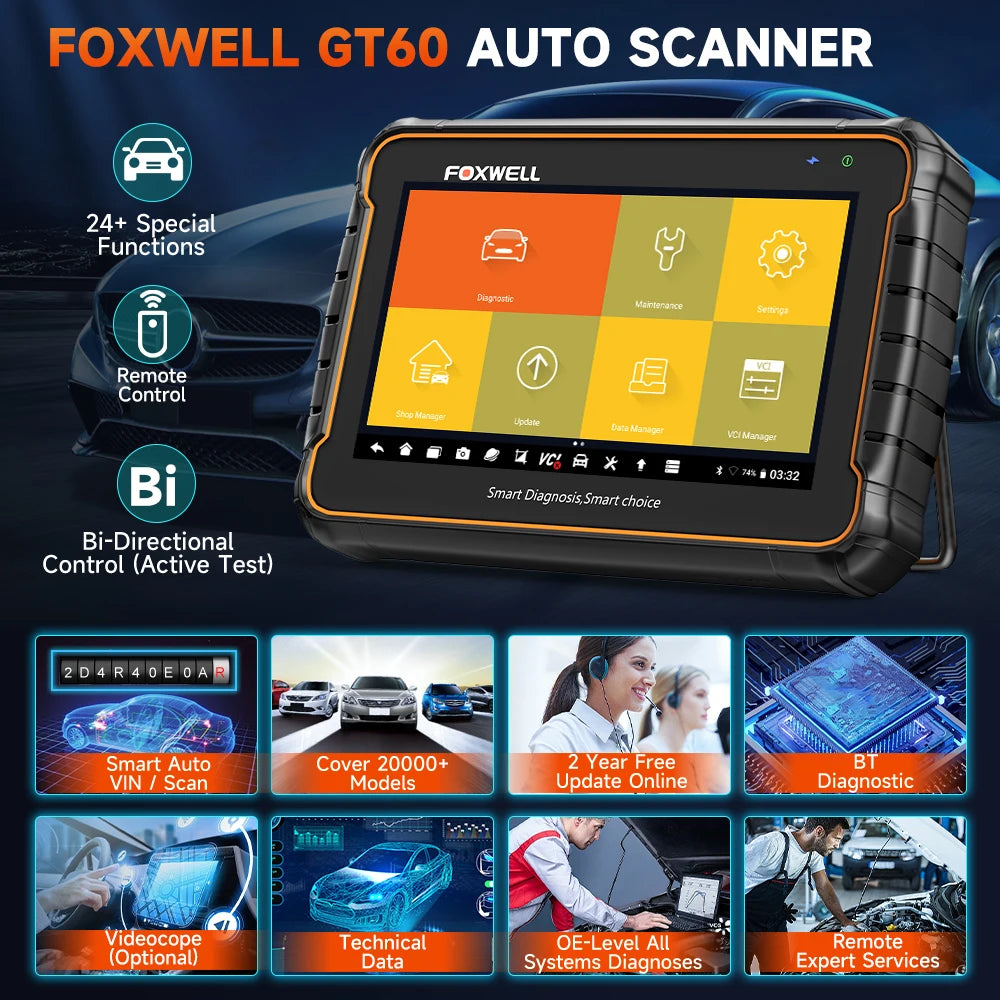 GT60 Professional
OBD2 Automotivo Scanner
24+ Reset ABS SAS TPMS Reset ODB 2 OBD2 Scanner All System Diagnostic Tool