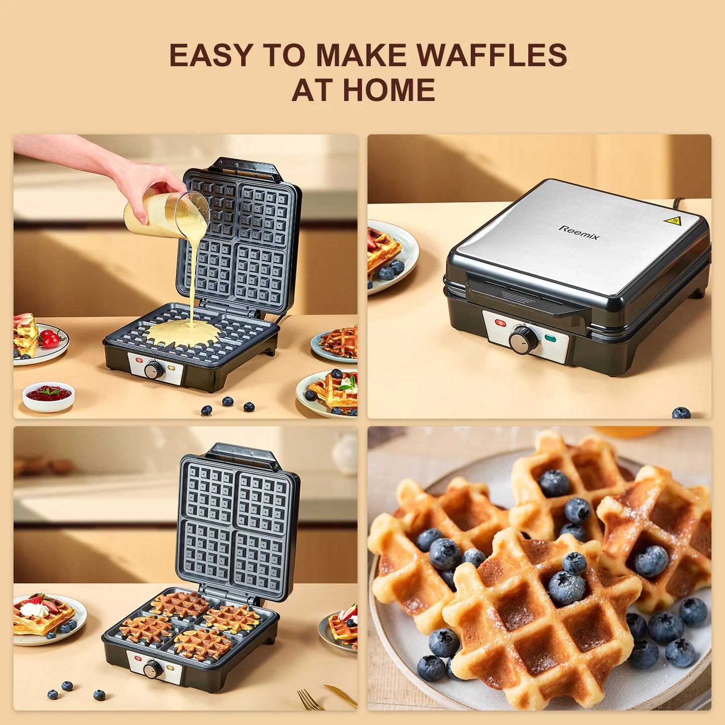 4-Slice Belgian Waffle Maker
3 Browning Levels with Nonstick Square Waffler Iron Plates, 1200 Watts, Compact Design