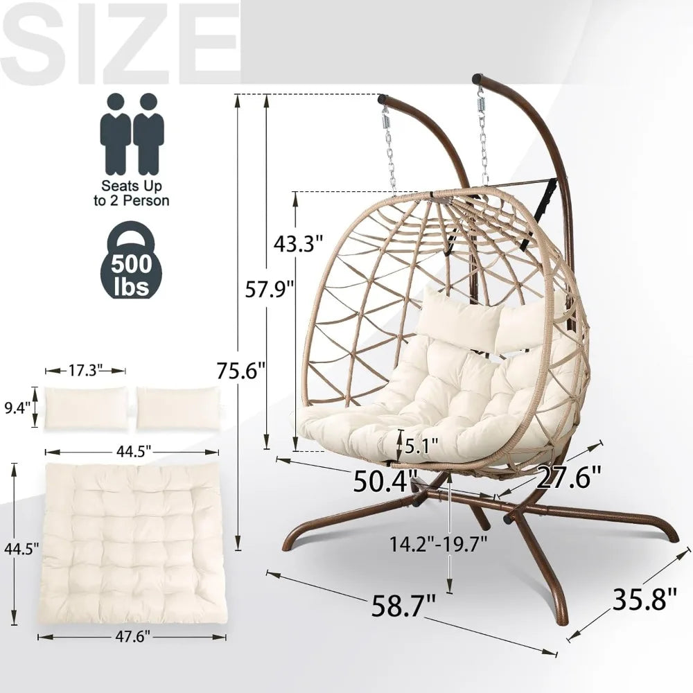 Outdoor Egg Swing Chair with Stand, 2 Person Patio Swing Chairs with Thick Cushions and Pillows