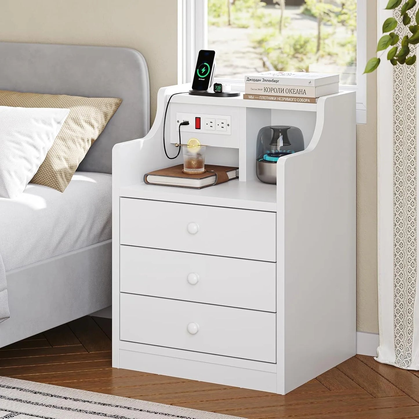 Charging Night Stand with Hutch & Storage Drawer 13.8"D x 17.7"W x 26.8"H