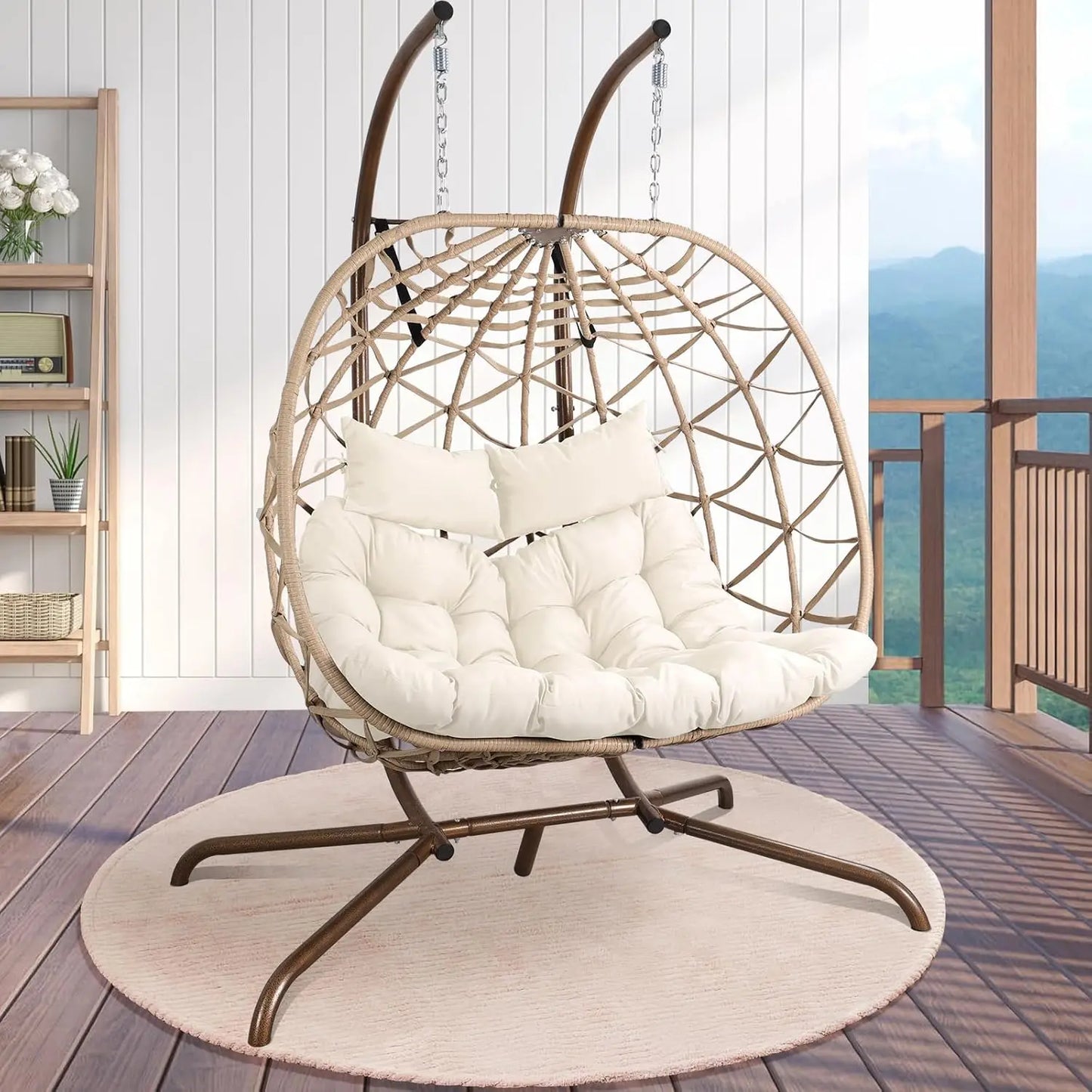 Outdoor Egg Swing Chair with Stand, 2 Person Patio Swing Chairs with Thick Cushions and Pillows