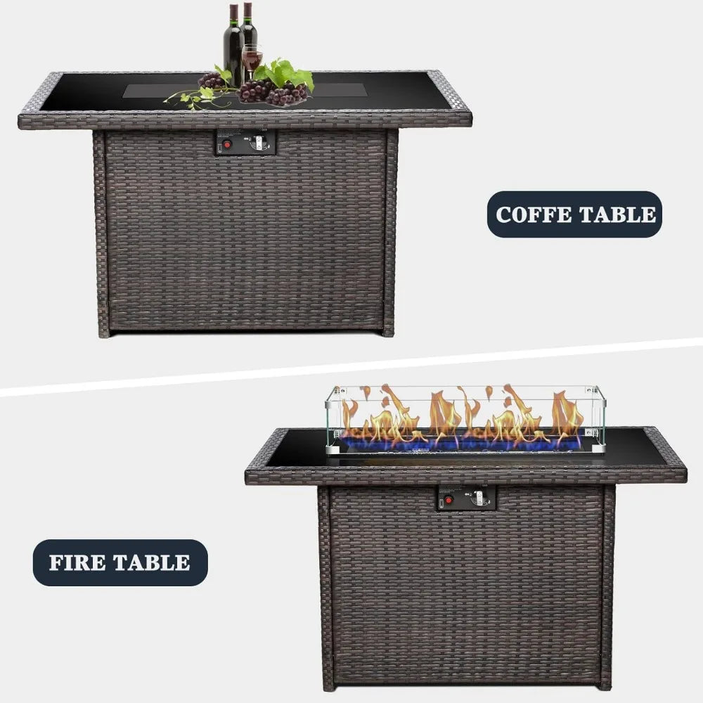 44 Inch Propane Gas Fire Pits Table Rectangular Outdoor Wicker Rattan Fire Pit