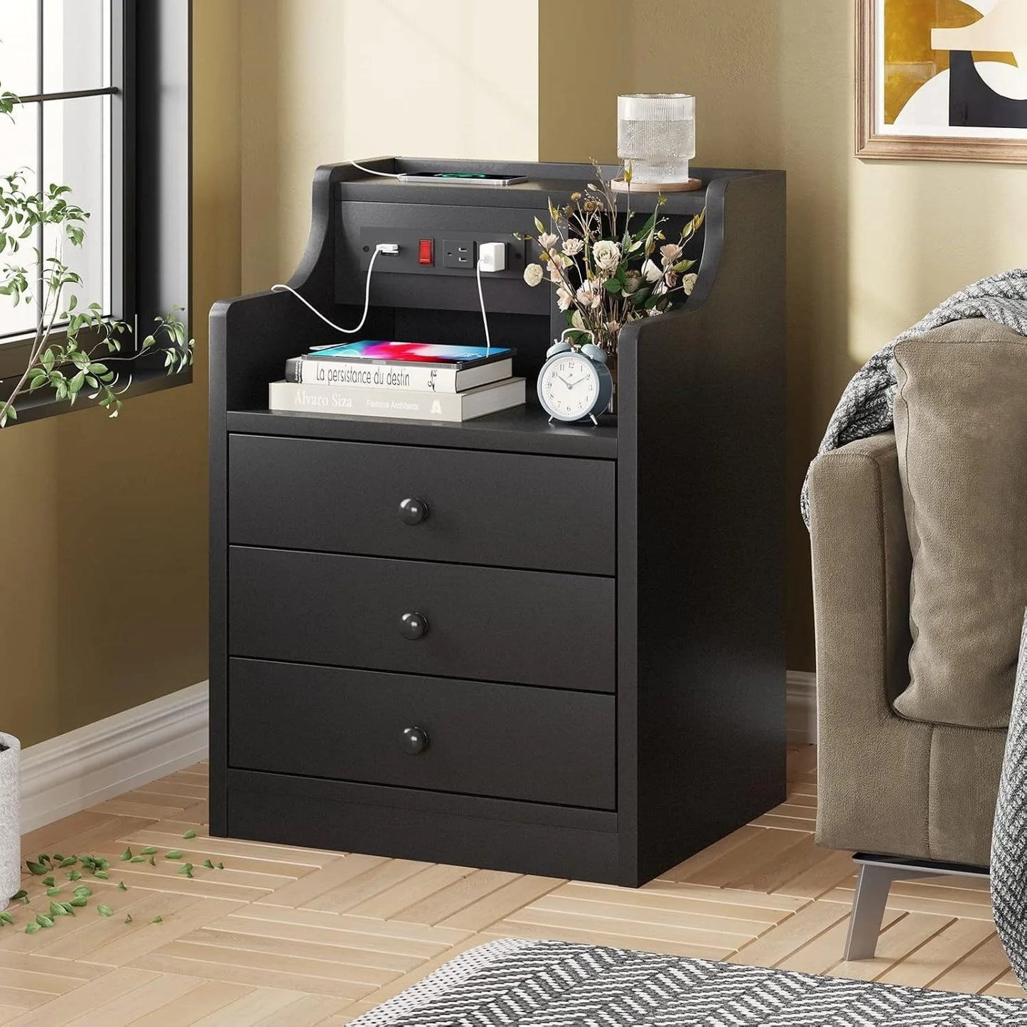 Charging Night Stand with Hutch & Storage Drawer 13.8"D x 17.7"W x 26.8"H