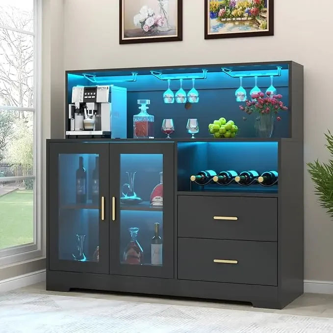 Wine Bar Cabinet with LED Light, with Wine and Glass Rack, Kitchen Buffet Sideboard
