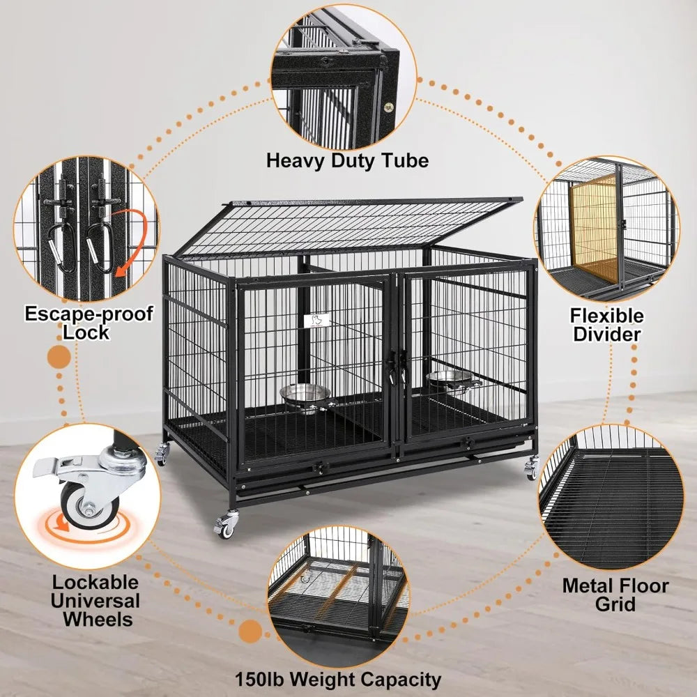 43 Inch Metal Open Top Stackable Heavy Duty Dog Cage Kennel
with Three Door, Metal Floor Grid, Divider and Feeding Bowl