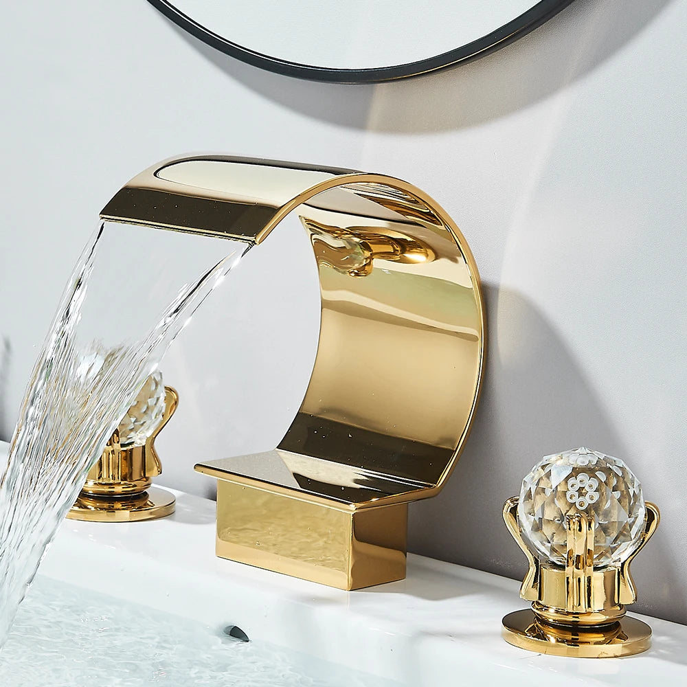 Gold Waterfall Bathroom Faucet Crane Crystal Handle