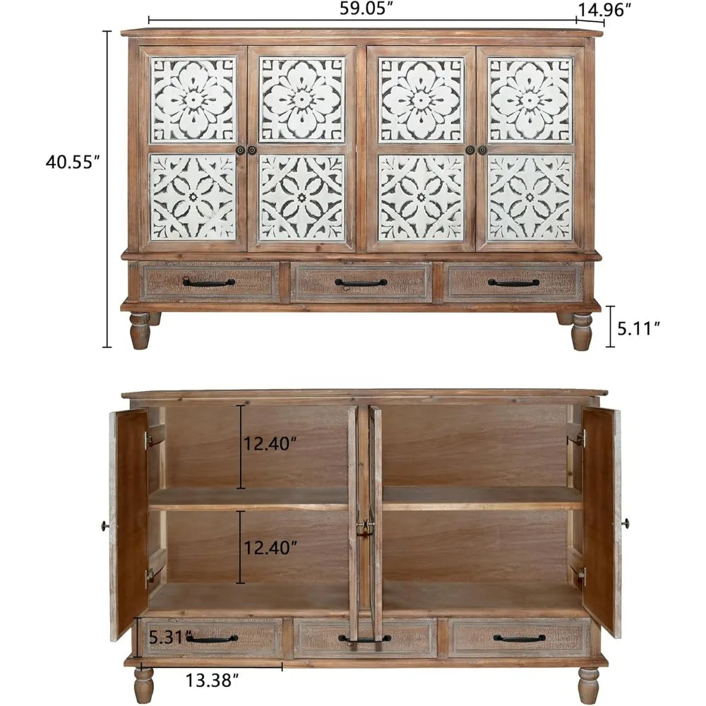 Accent Cabinet with 4 Doors & 3 Drawers,
Hollow Carved Storage Sideboard, Wood Buffet Cabinet for Living Room, Dining Room