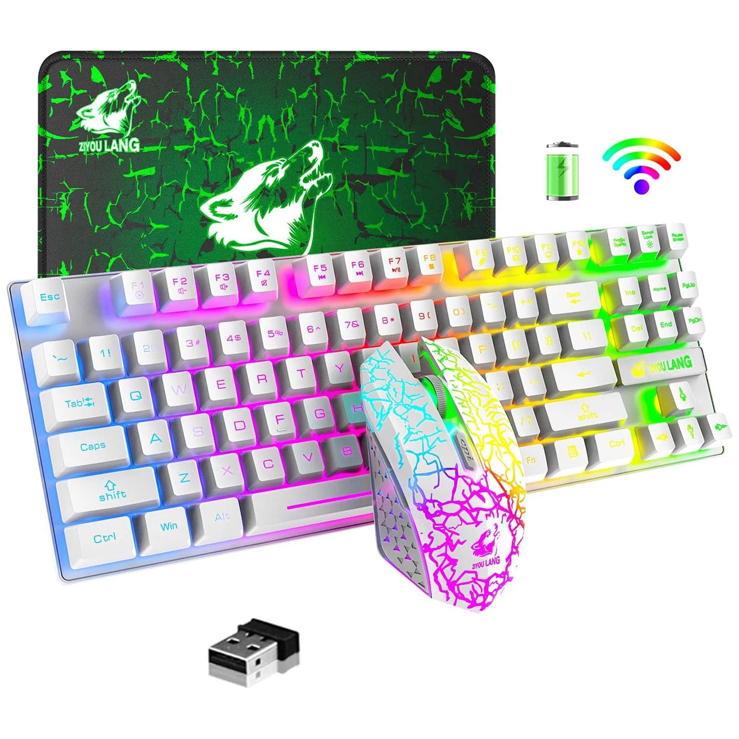 Wireless Gaming Keyboard and Mouse Comb
,Rainbow Backlit Rechargeable 3800mAh Battery,
87 Keys Mechanical Feel Keyboard